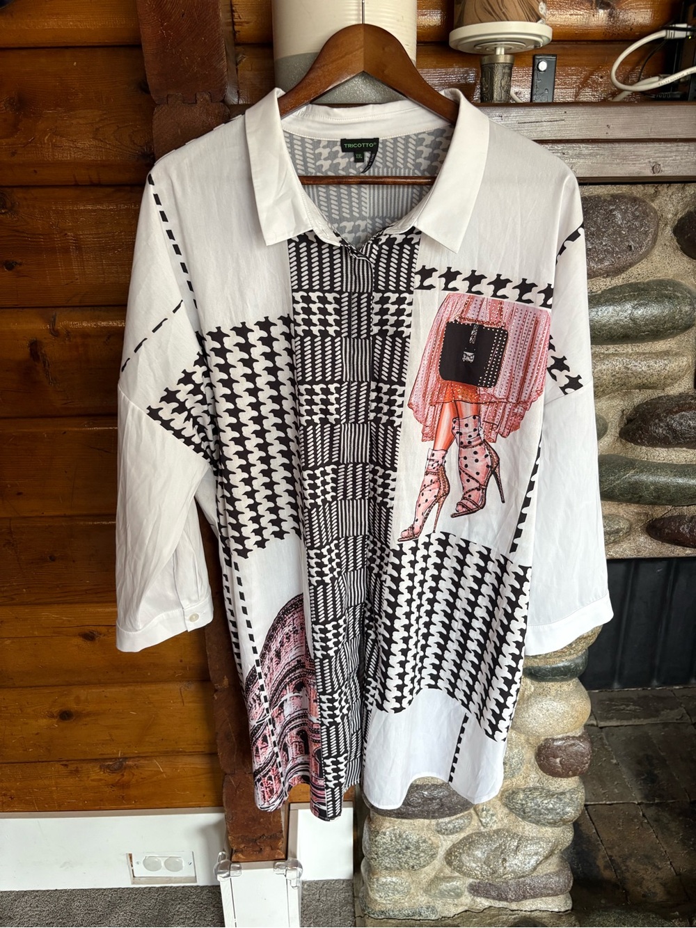 Tricotto Rhinestone Graphic Tunic Button Down Shirt XXL